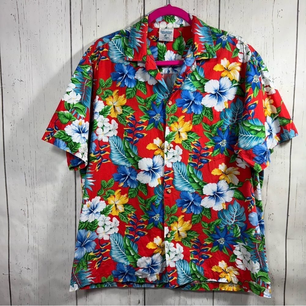 Vintage Hawaiian Shirt Red Floral Aloha Made In Hawaii Cotton Tropical Camp L
